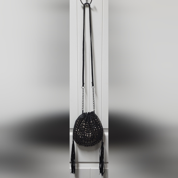 FOREVER 22 Black Vegan Leather Stud Drawstring Crossbody Bag - Picture 7 of 13